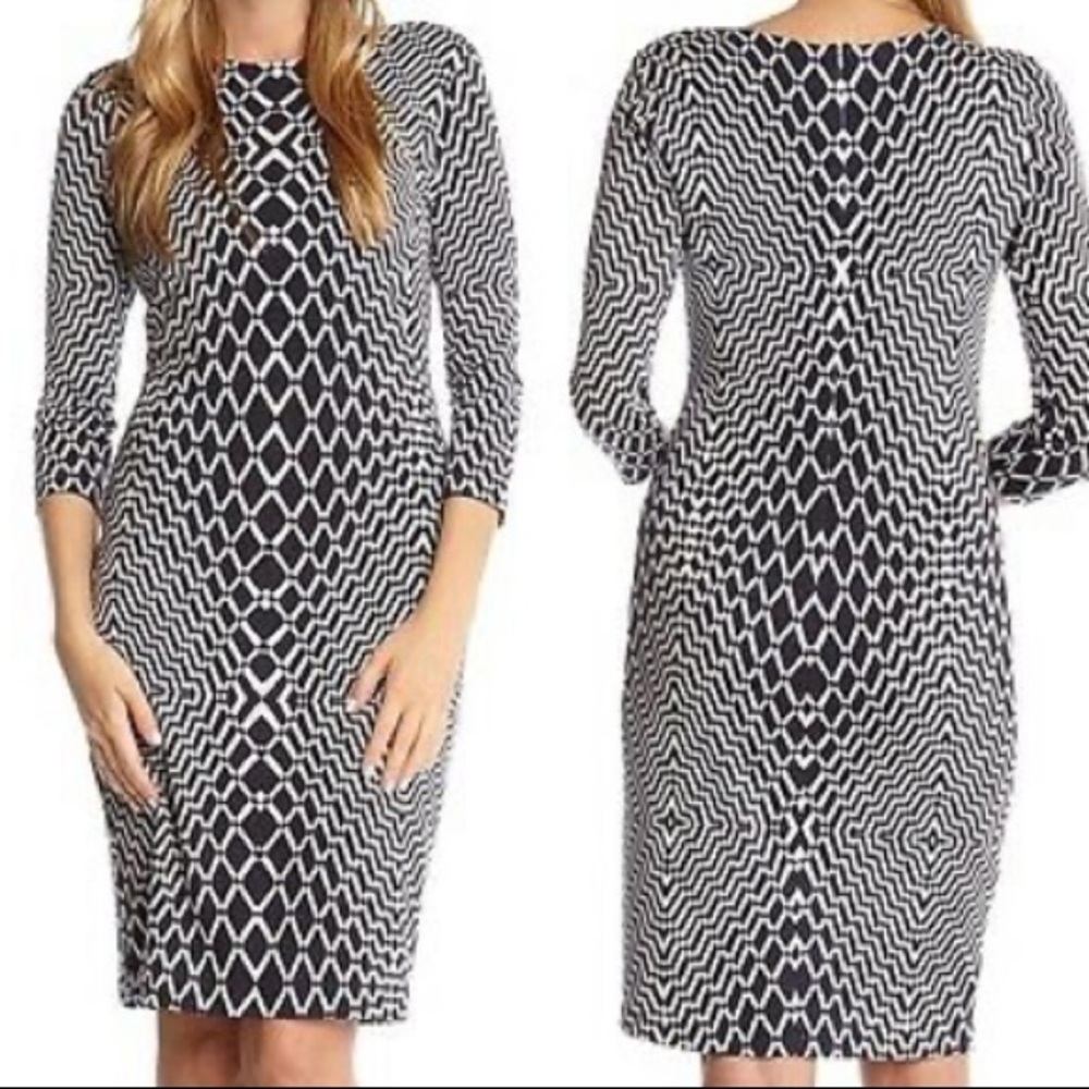 Karen Kane geometric navy and white dress